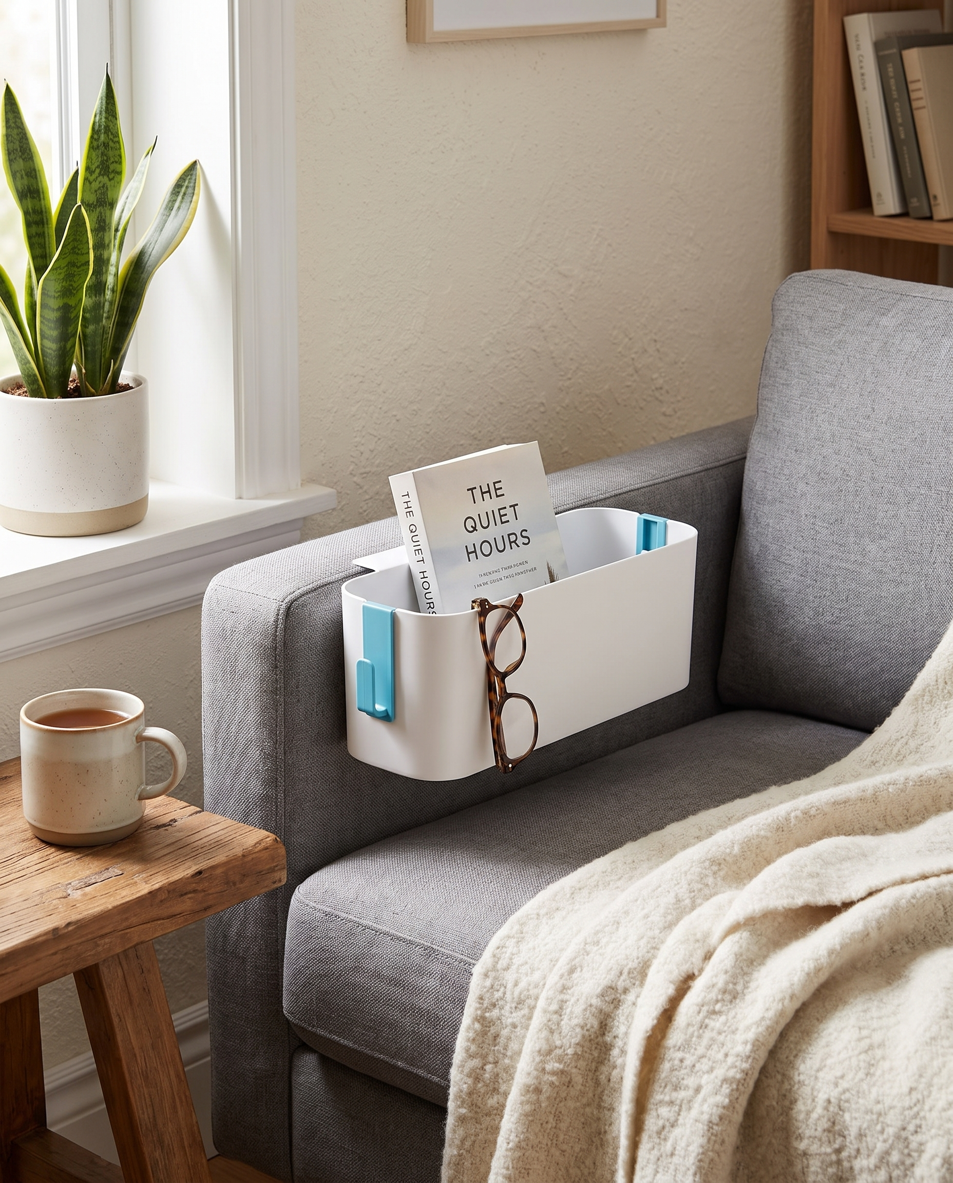 Hanging Plastic Bedside Caddy with Removable Hook in a practical small-space lifestyle setting