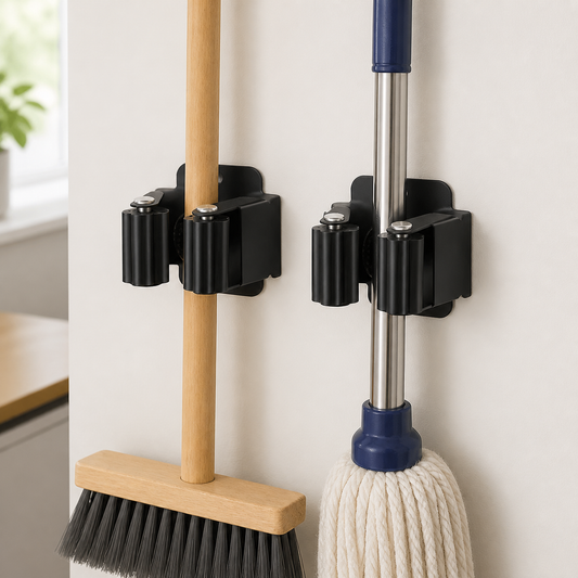 Two black wall-mounted holders gripping a broom and mop in a utility room