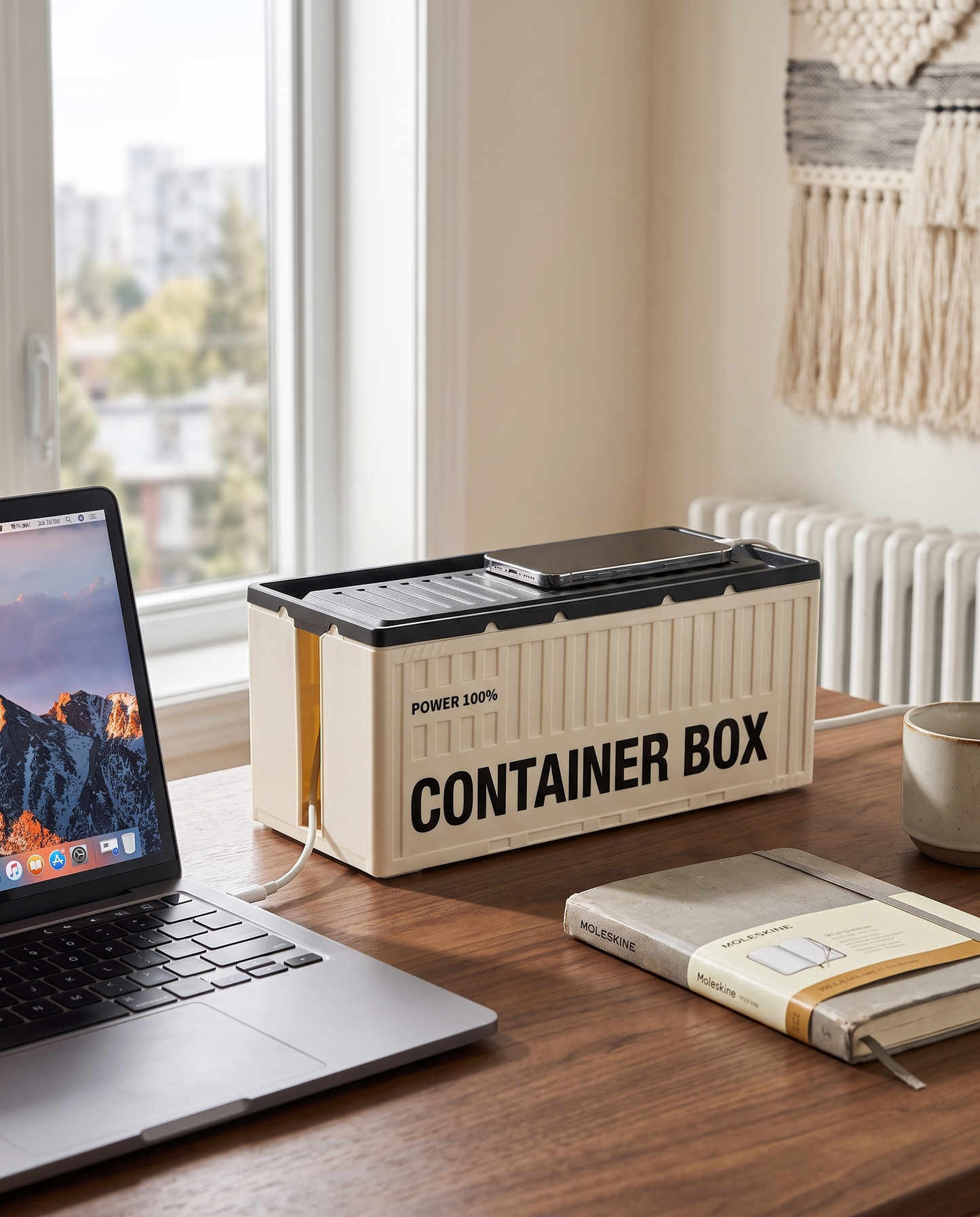 Cable Management Box with Phone Stand & Side Openings in a practical small-space lifestyle setting