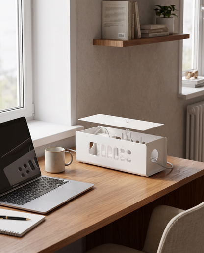 Colored Power Strip Cable Management Box in a practical small-space lifestyle setting