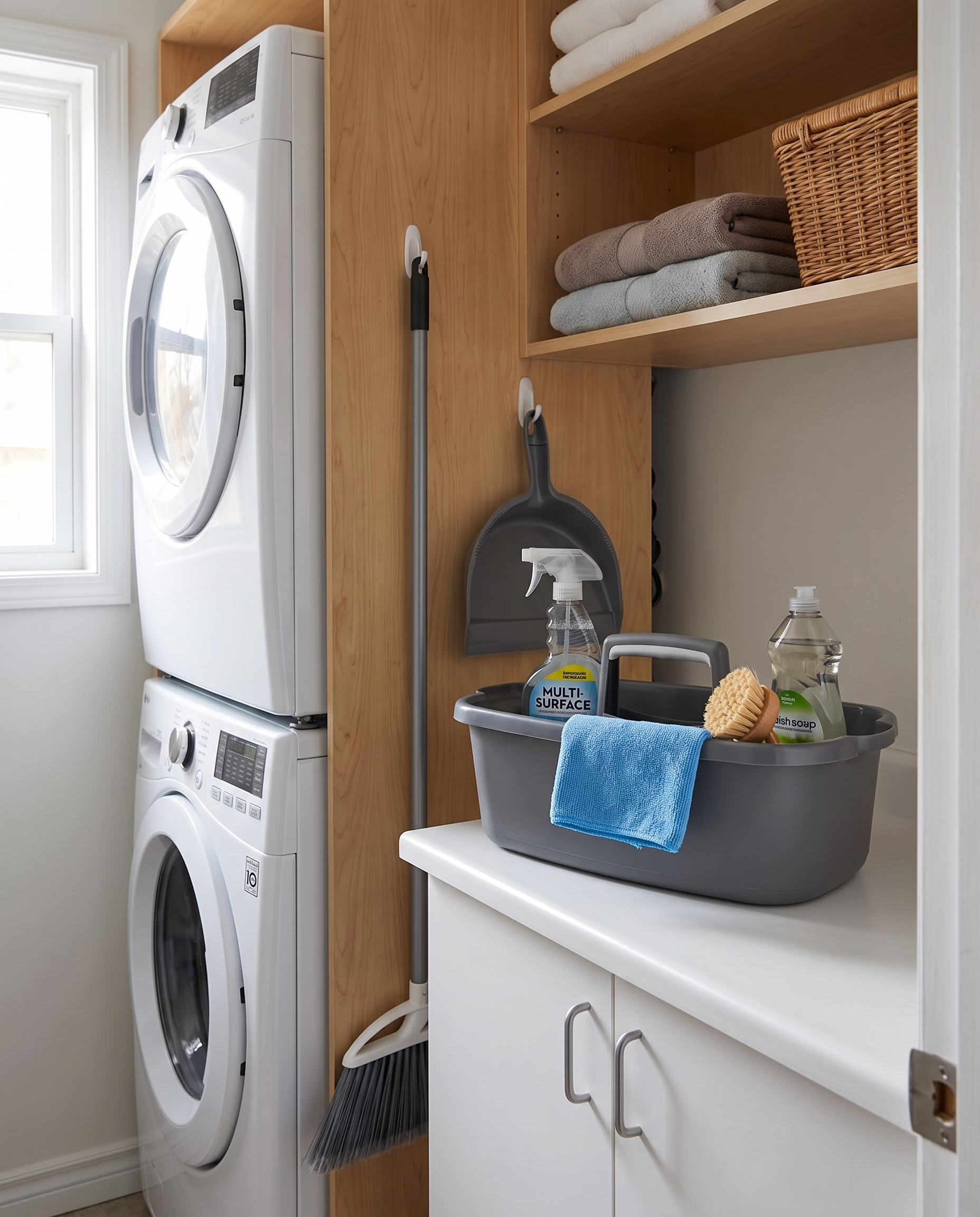 Large Portable Cleaning Caddy with Handle in a practical small-space lifestyle setting
