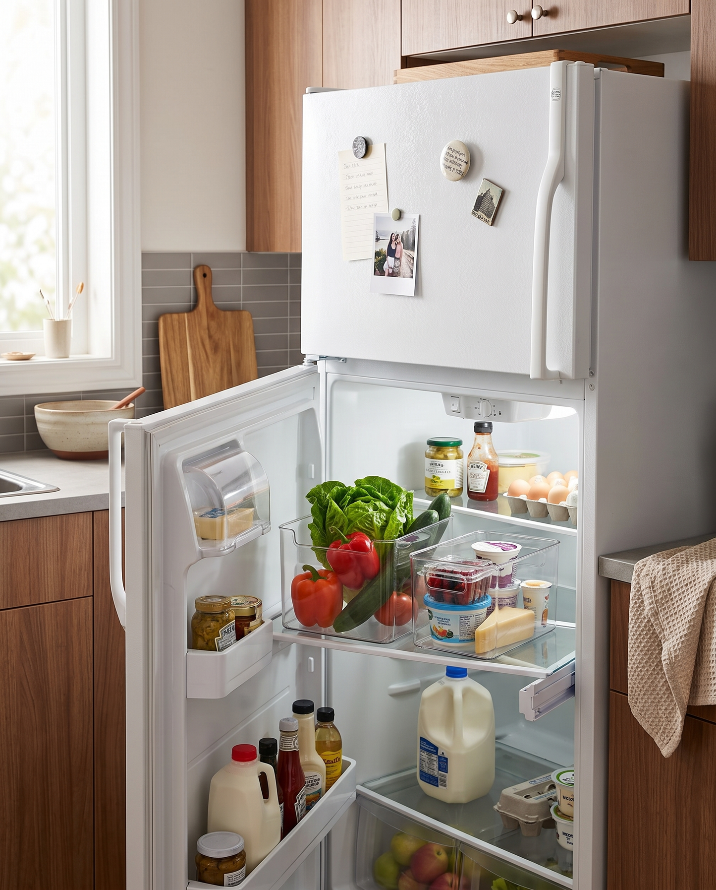 Clear Refrigerator Bins with Handles in an everyday small-space setting