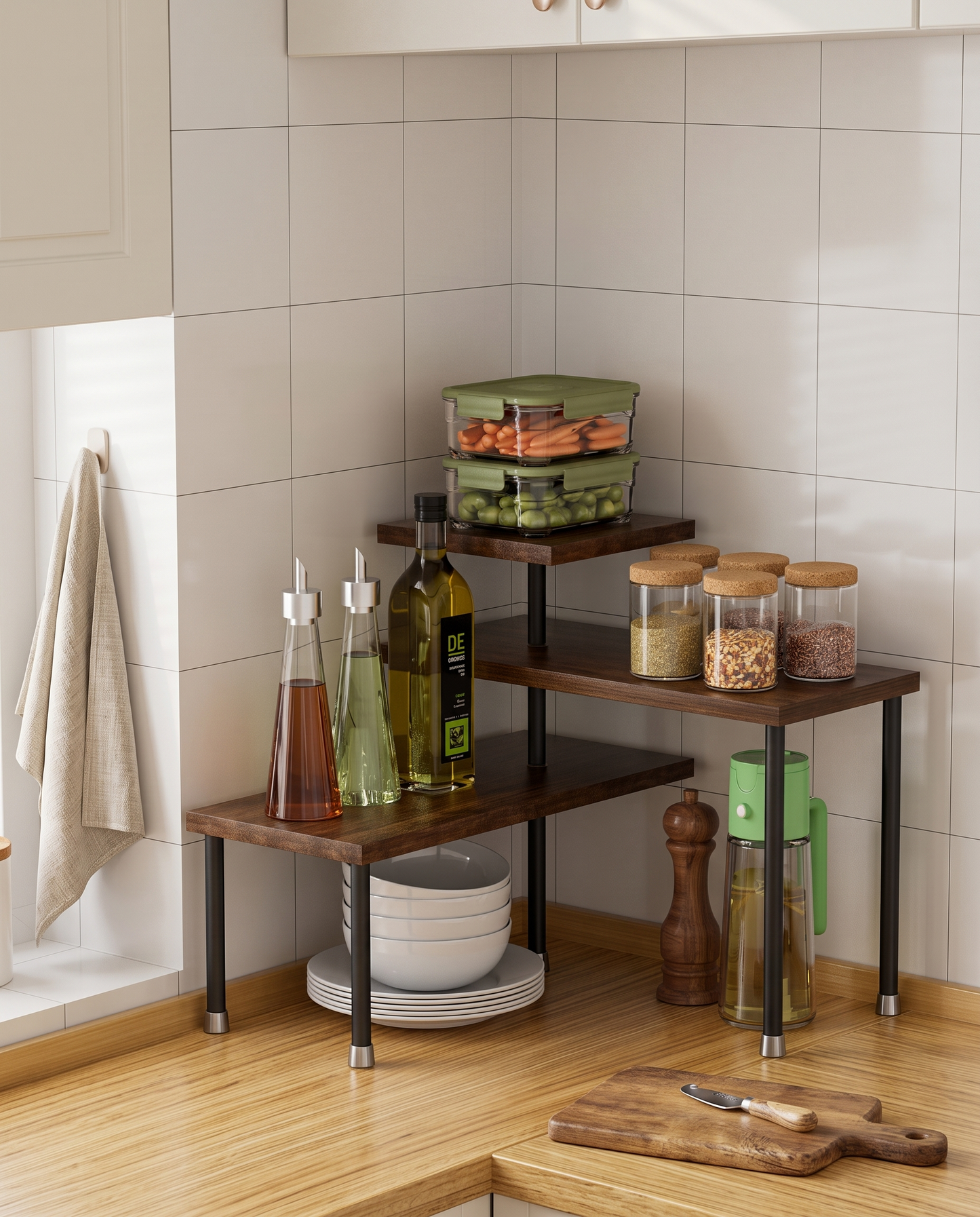 3-Tier Movable Corner Countertop Organizer in a practical small-space lifestyle setting