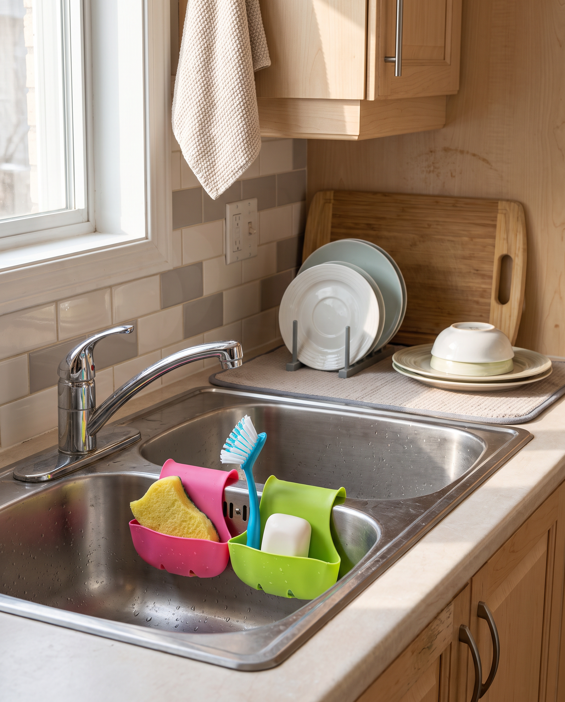 Double-Sink Saddle Caddy with Drainage in a practical small-space lifestyle setting