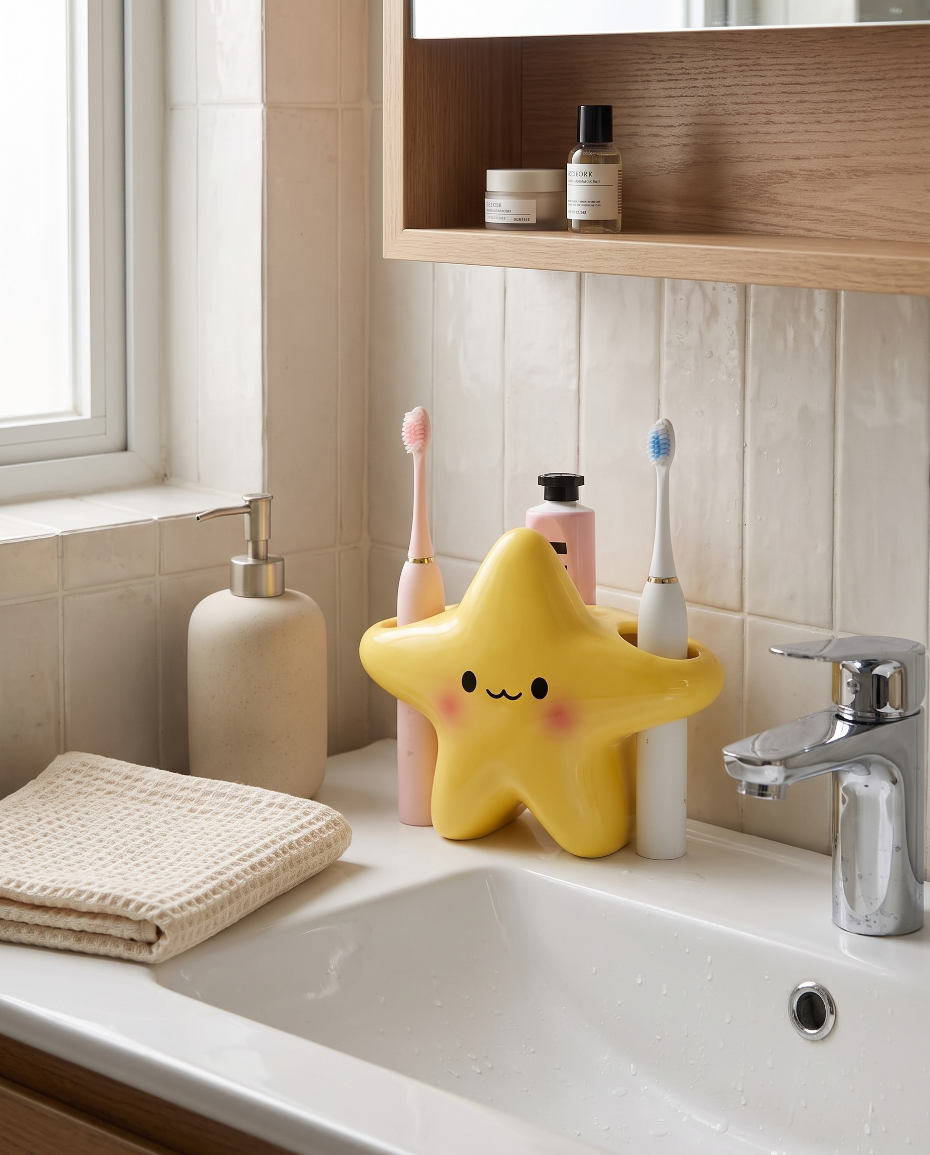 Star-Shaped Freestanding Toothbrush Holder in a practical small-space lifestyle setting