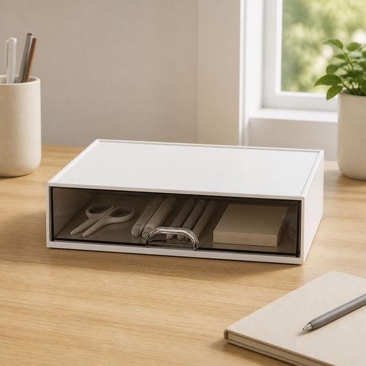 White single-layer desktop organizer with smoke-transparent drawer and neutral stationery