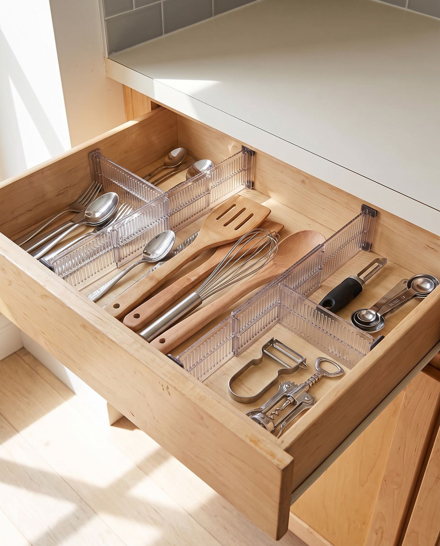 10.8–20 in Expandable Drawer Dividers in a practical small-space lifestyle setting