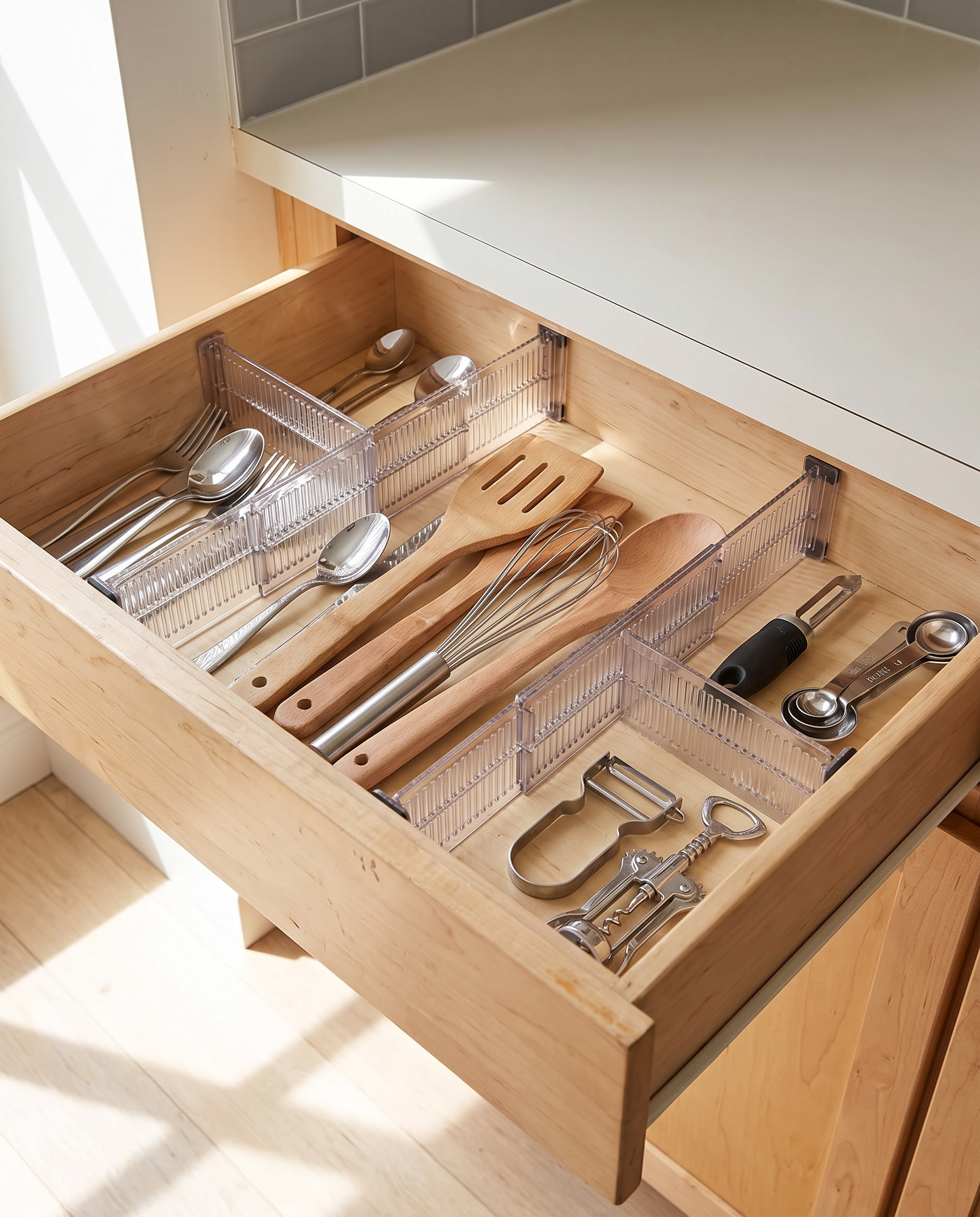 10.8–20 in Expandable Drawer Dividers in a practical small-space lifestyle setting