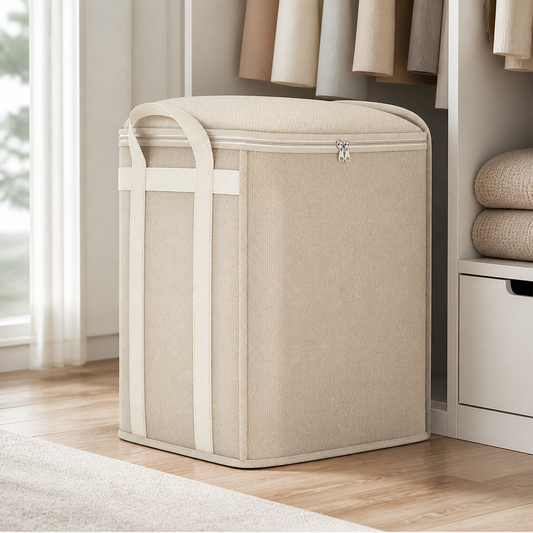 Beige medium bedding storage bag with reinforced handles in a modern closet