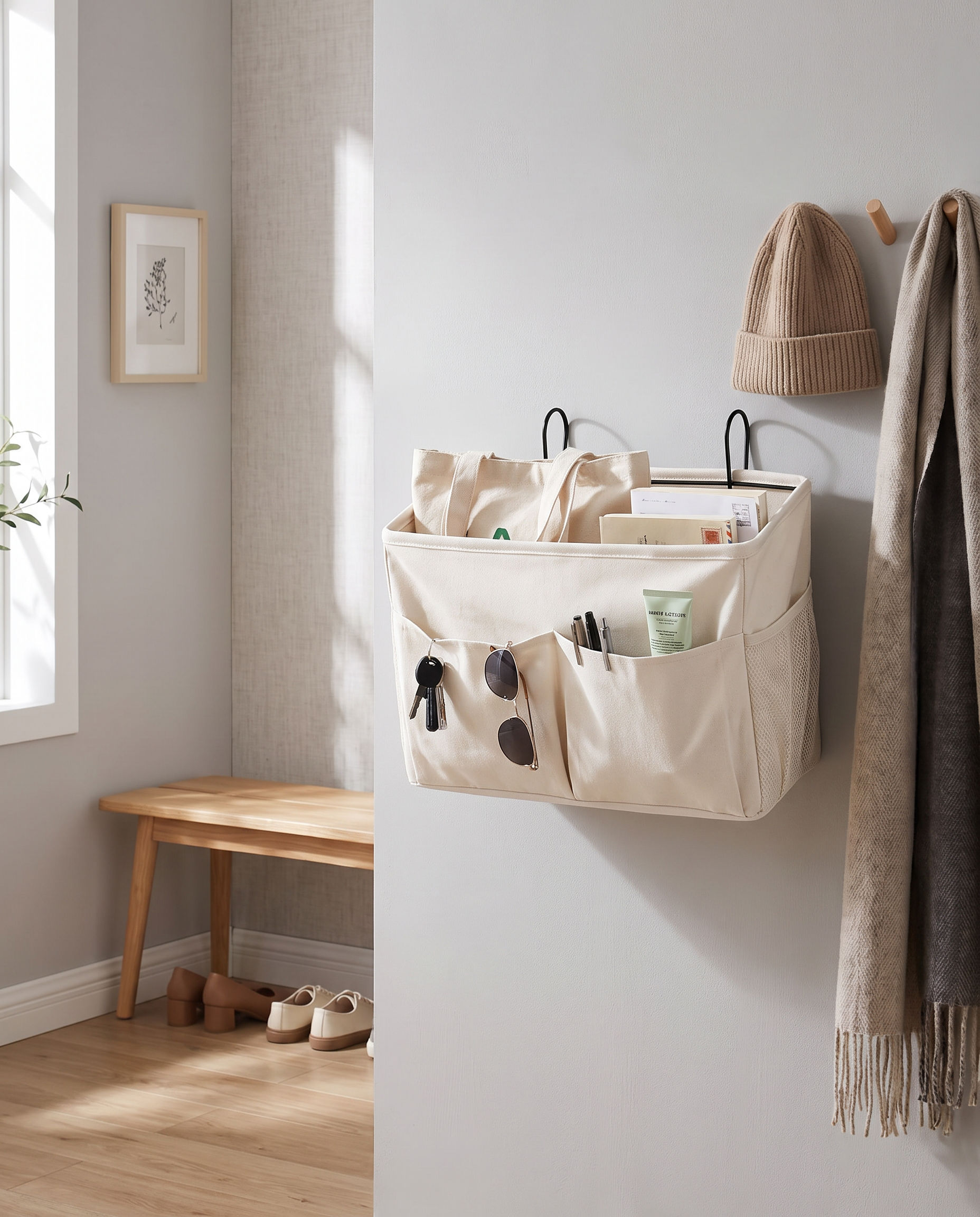 Multi-Pocket Fabric Wall Storage Organizer in a practical small-space lifestyle setting