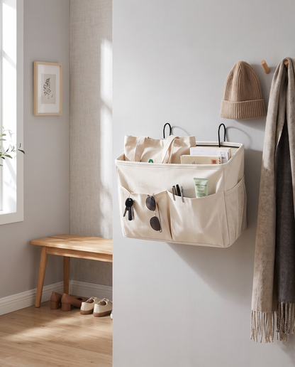Multi-Pocket Fabric Wall Storage Organizer in a practical small-space lifestyle setting