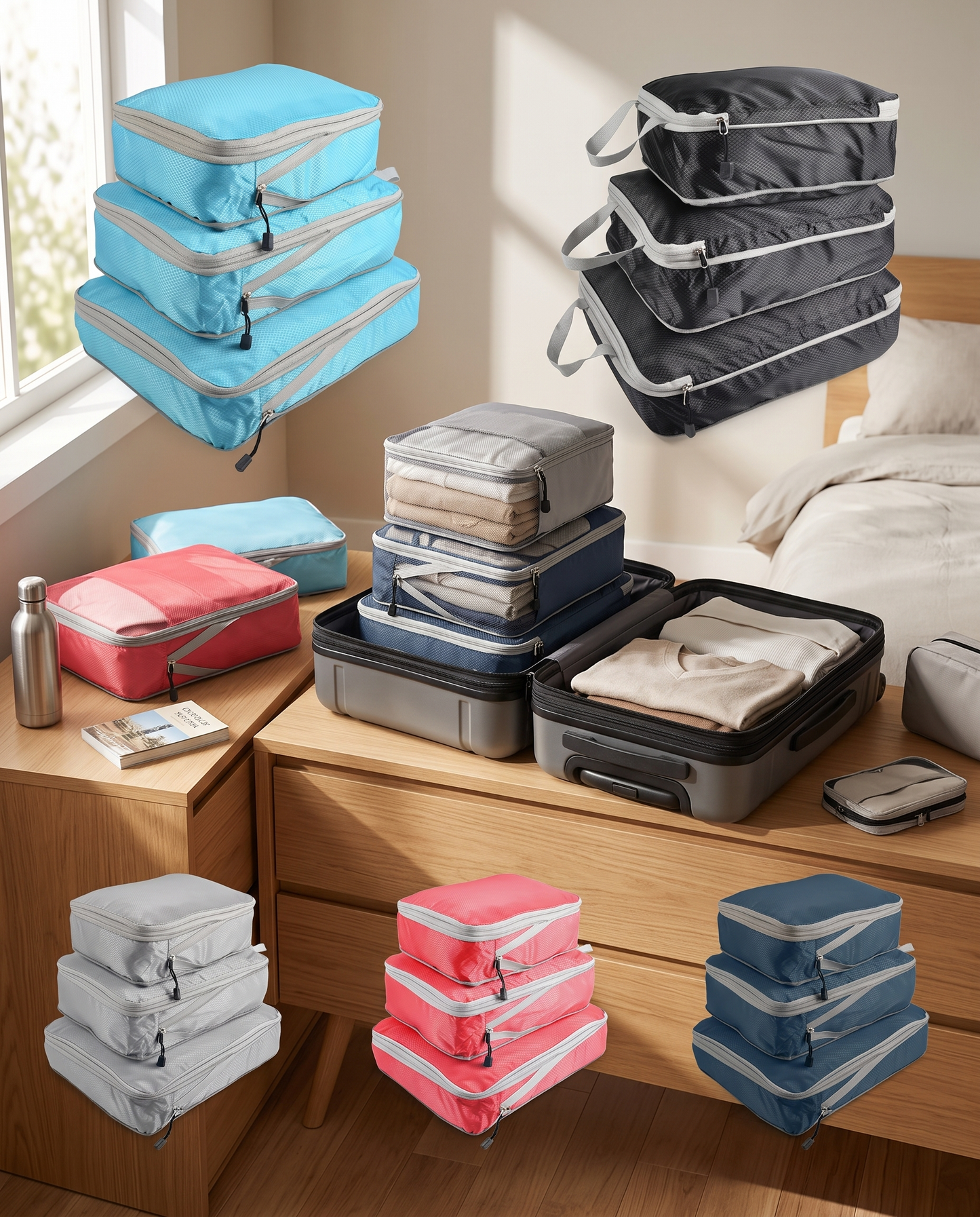 Foldable Compression Packing Cubes in a practical small-space lifestyle setting