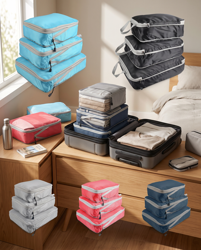 Foldable Compression Packing Cubes in a practical small-space lifestyle setting