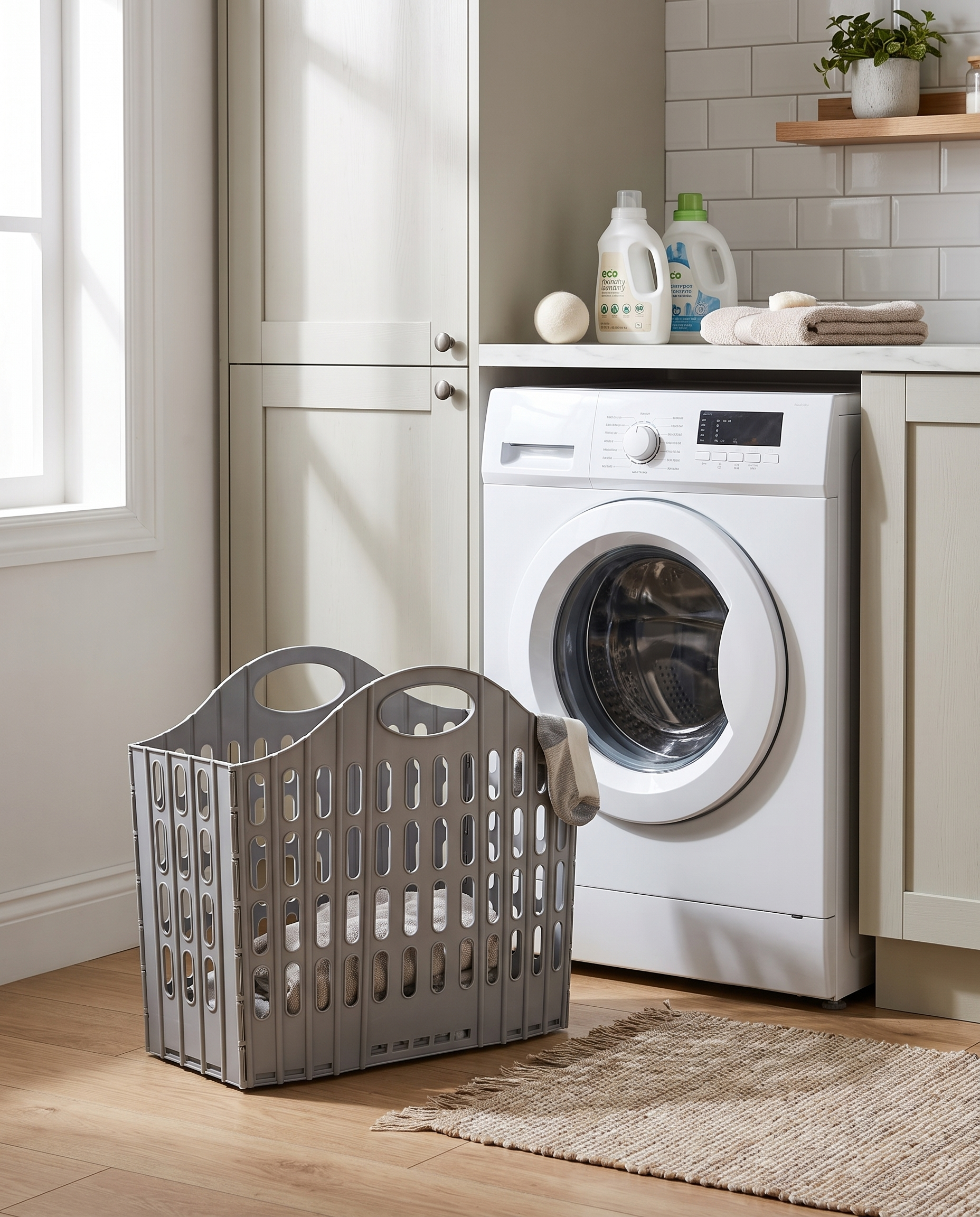 Foldable Portable Laundry Hamper in a practical small-space lifestyle setting