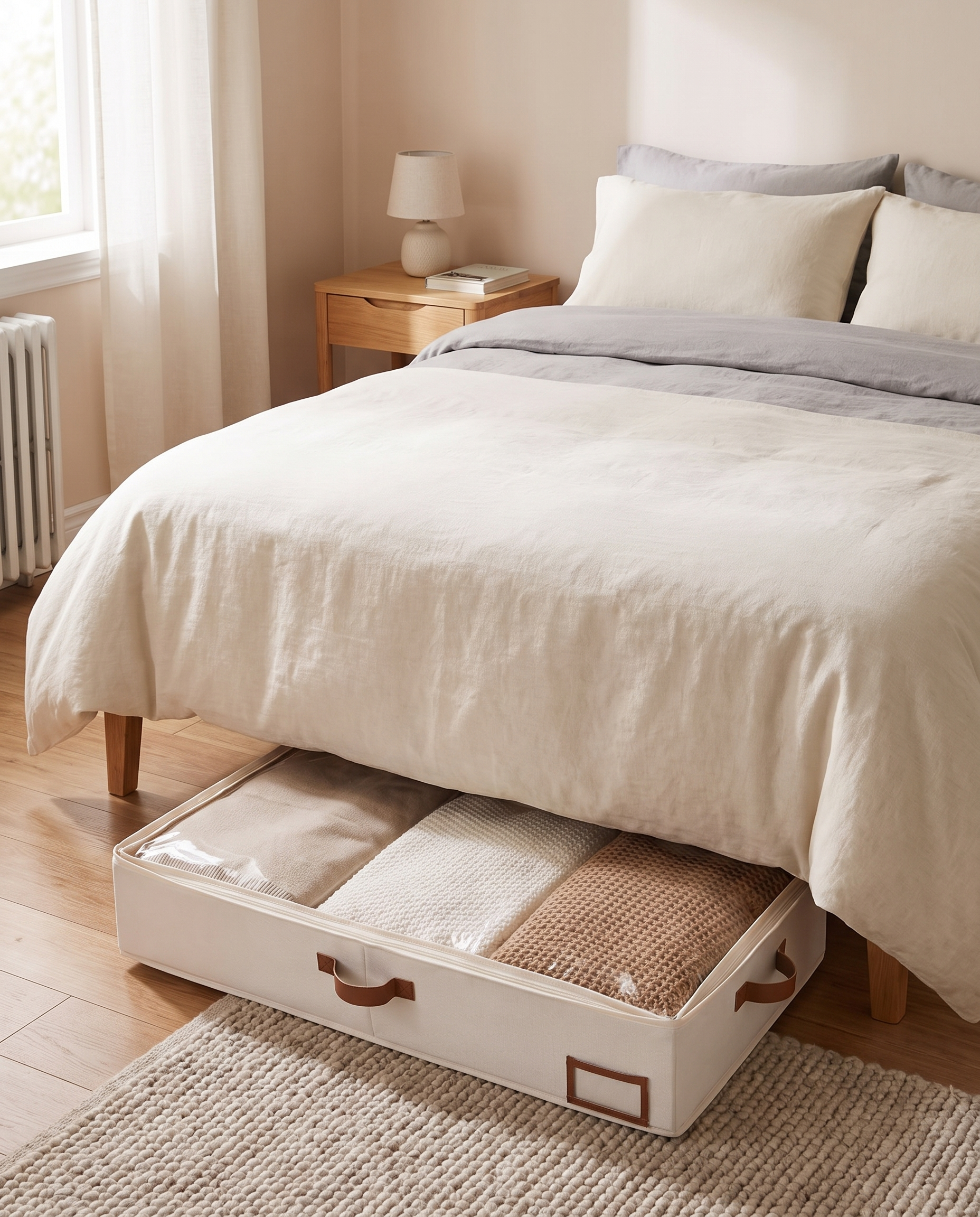 Foldable Under-Bed Blanket Organizer with Clear Window in an everyday small-space setting