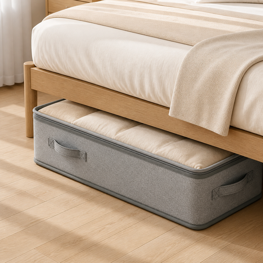 Gray foldable under-bed storage bag with folded neutral blankets in a modern bedroom