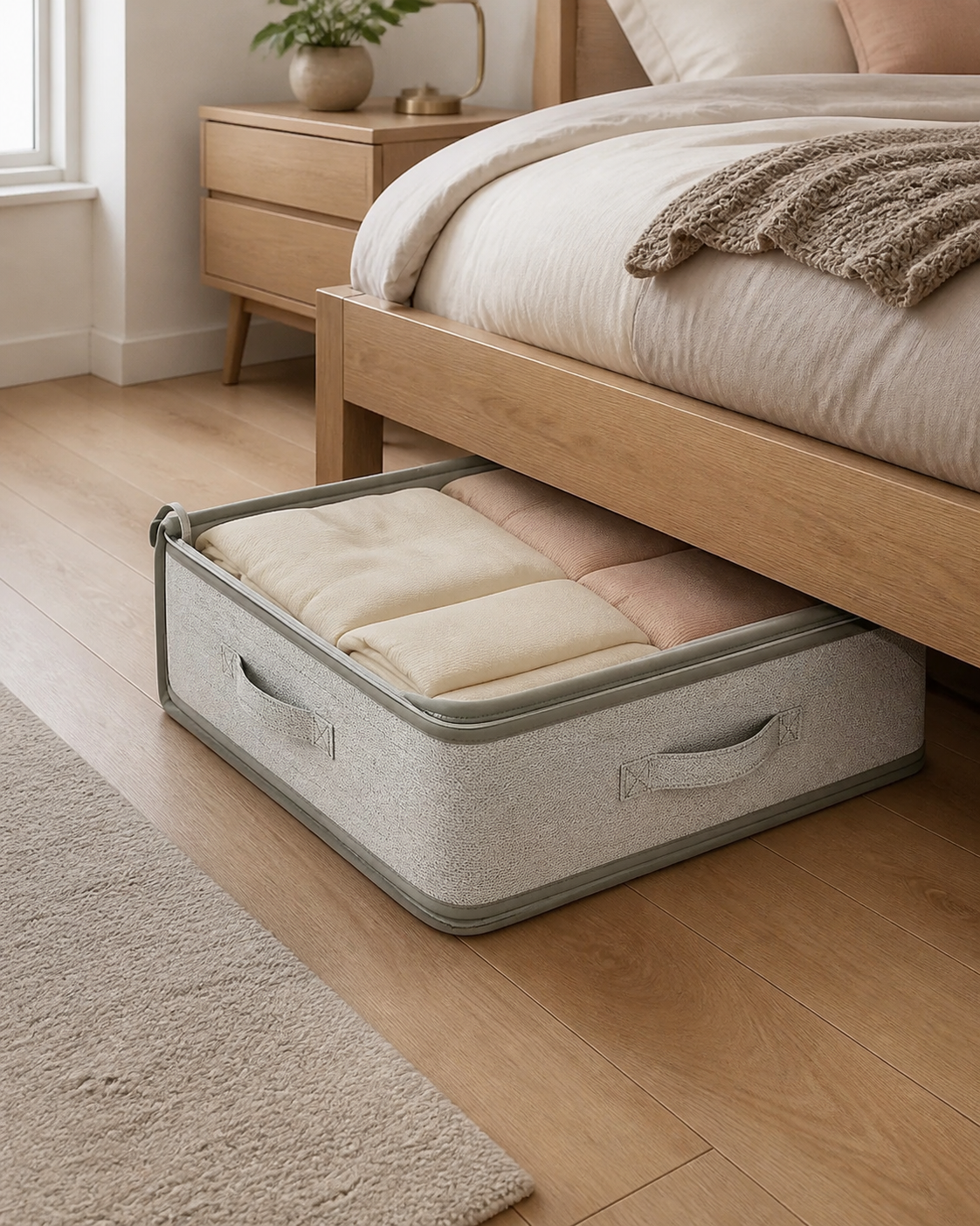 Foldable Under-Bed Blanket Storage Bag in a compact bedroom — generated with ChatGPT ImageGen