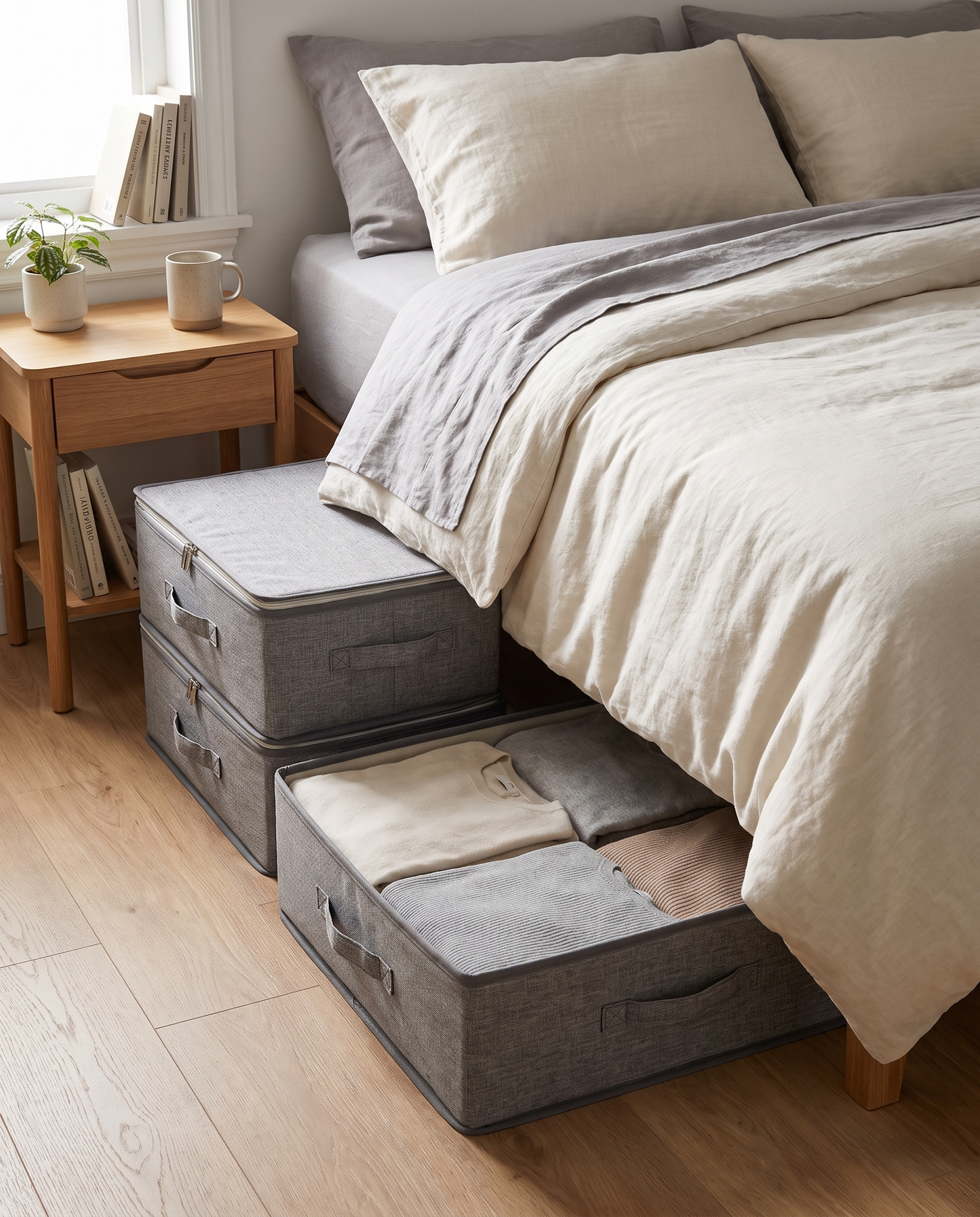 Foldable Under-Bed Blanket Storage Bag in a compact bedroom lifestyle setting