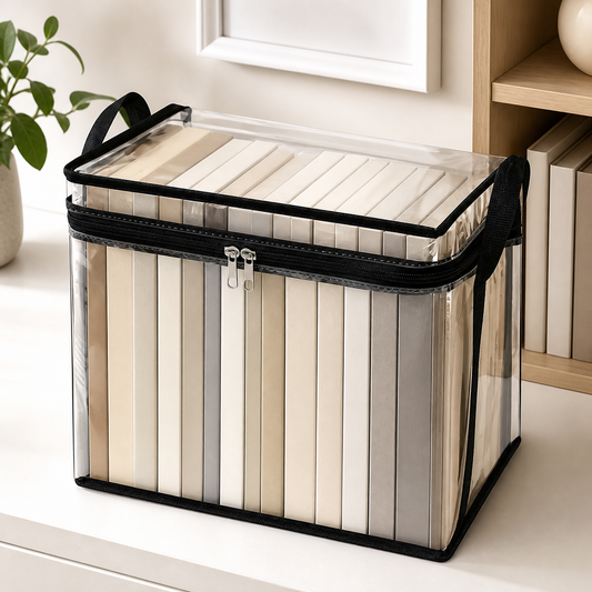 Clear foldable zippered book storage box with black trim and blank neutral books
