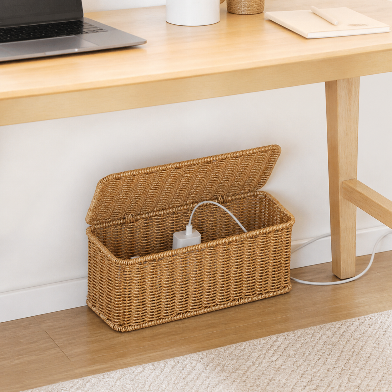 Hand-Woven Under-Desk Cable Management Box in a compact study workspace