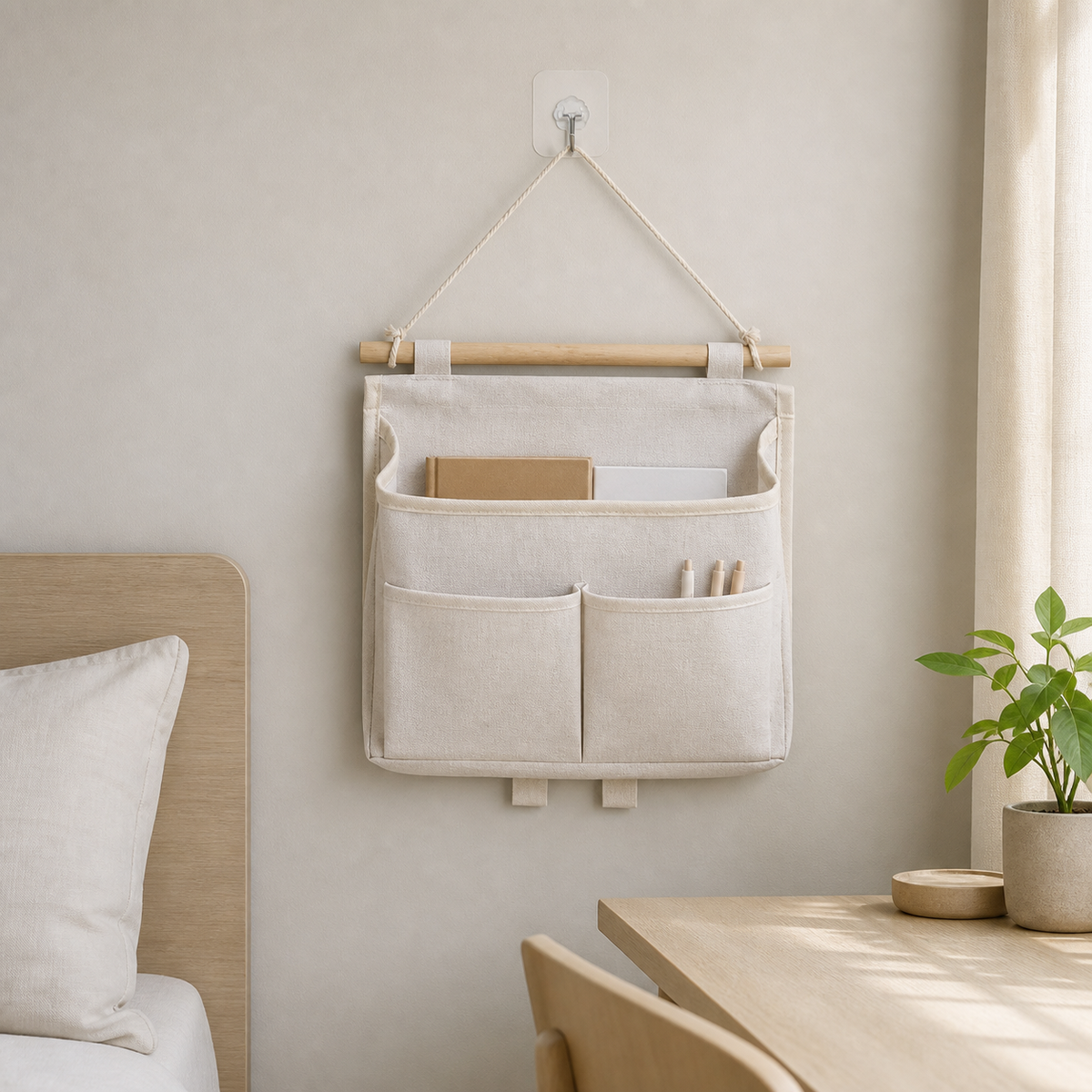 Beige wall-hanging storage caddy with three pockets beside a compact desk
