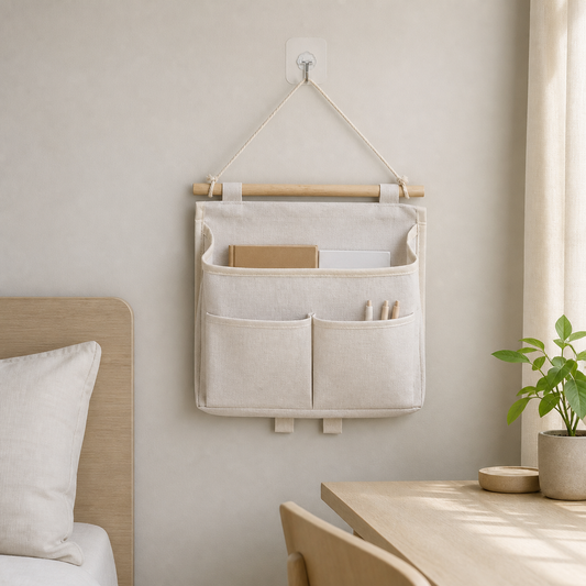 Beige wall-hanging storage caddy with three pockets beside a compact desk