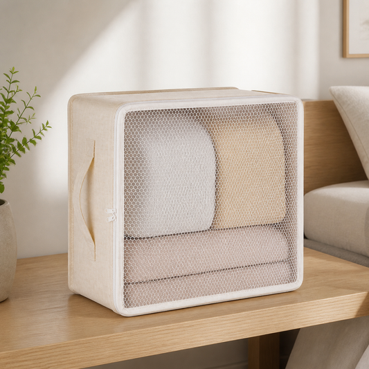 Small cream linen bedding storage box with mesh view window and folded neutral bedding