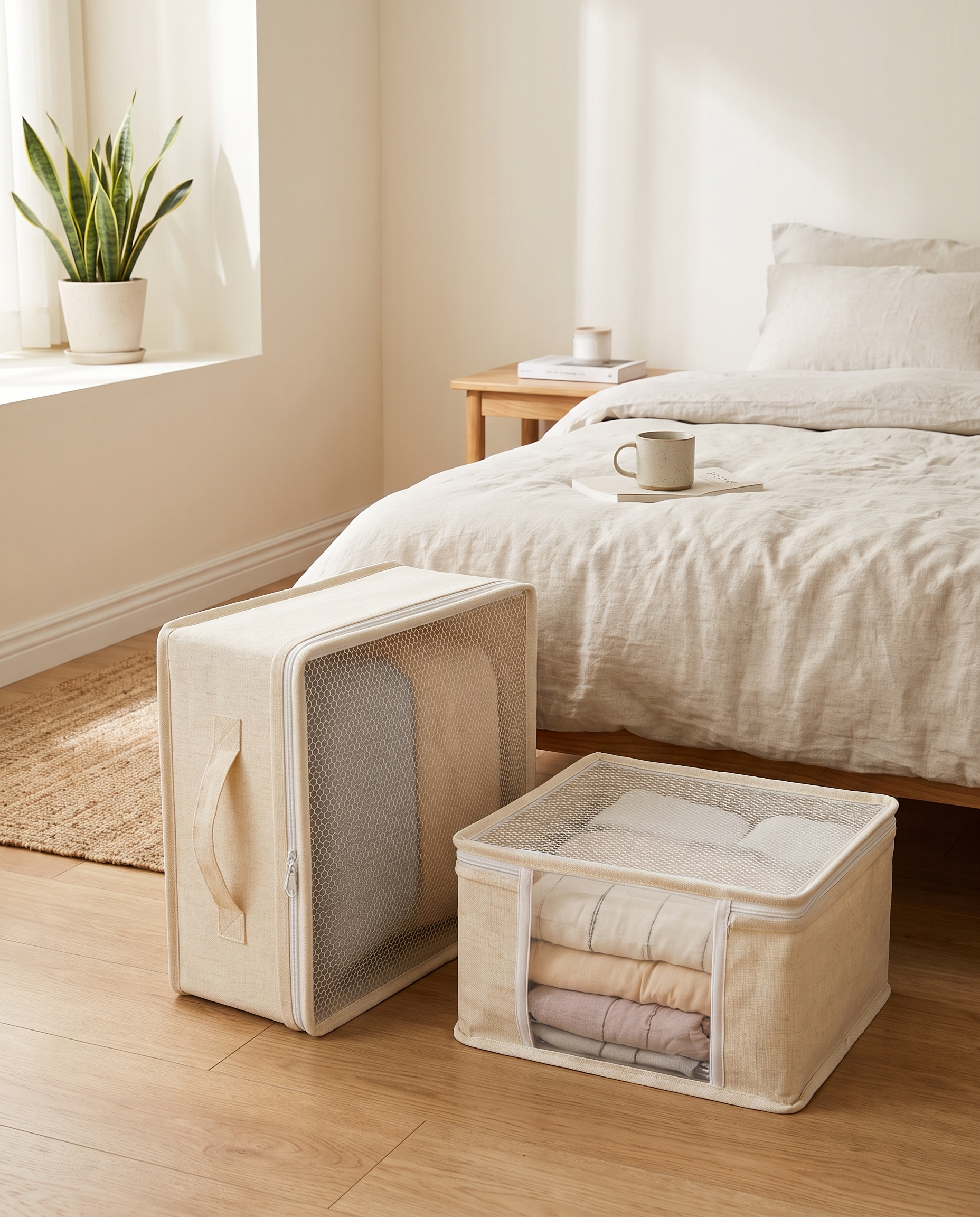 Linen Bedding Storage Box with View Window in an everyday small-space setting