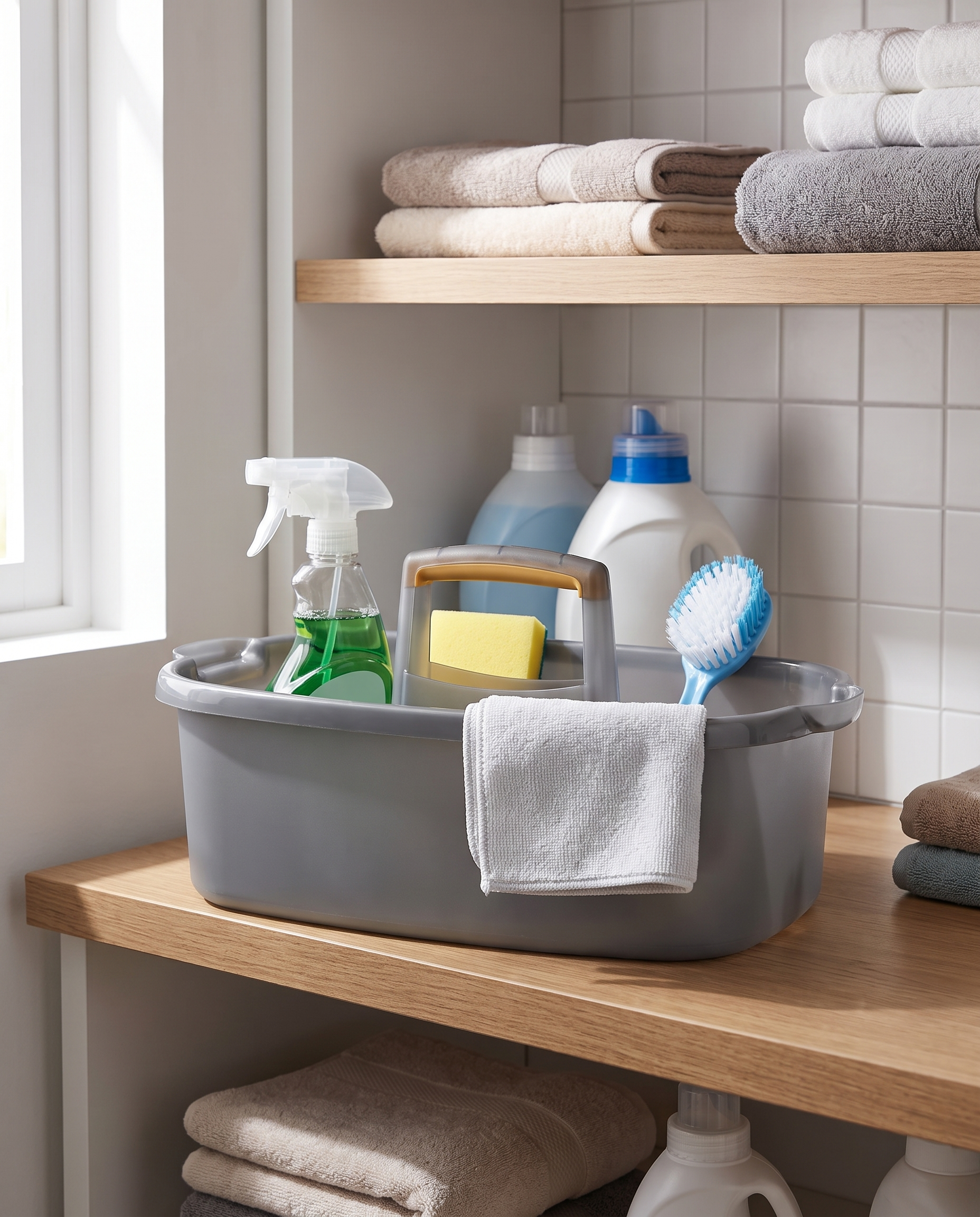 MAX-22 Portable Cleaning Caddy with Handle in a practical small-space lifestyle setting