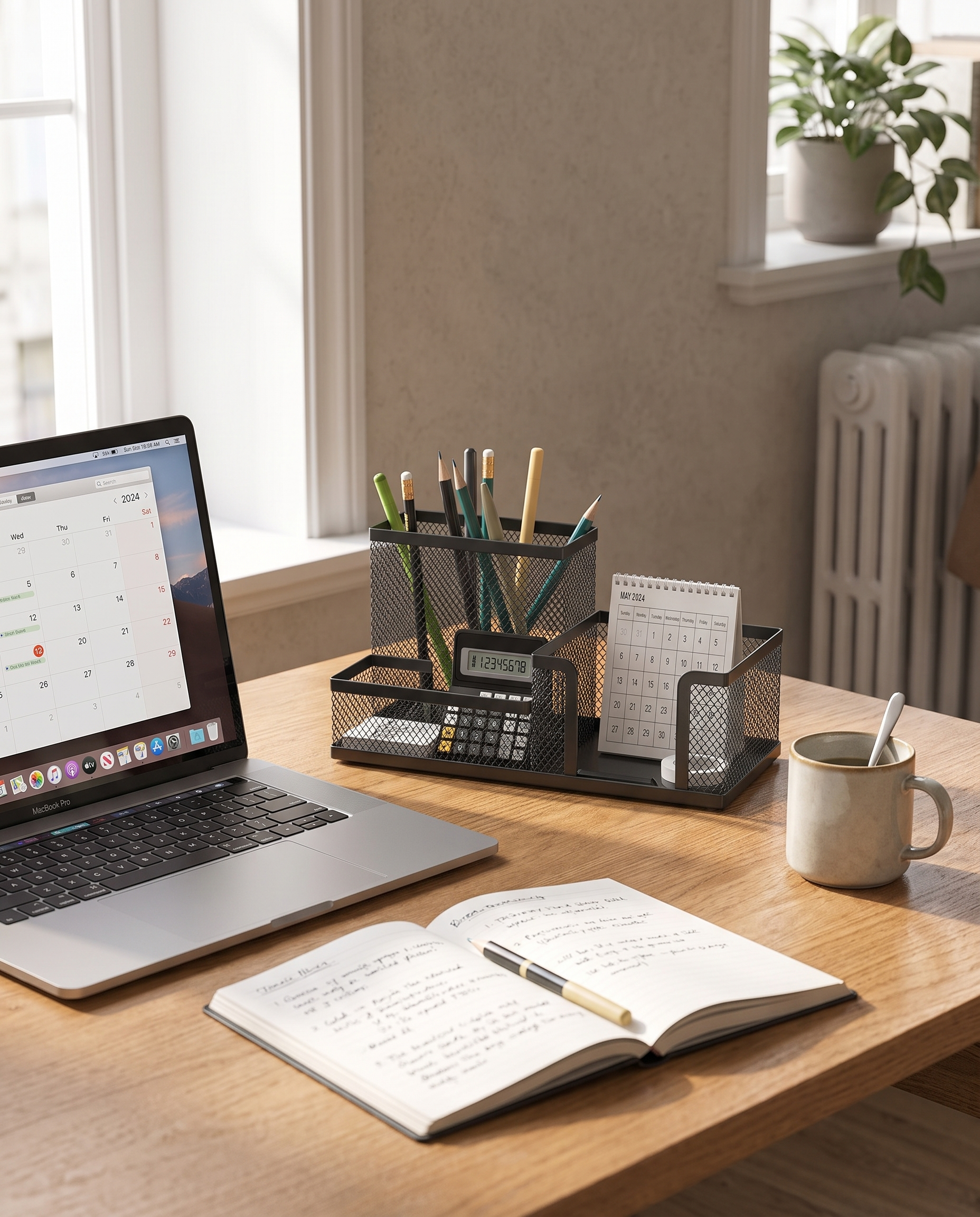 3-Compartment Mesh Desk Organizer in a practical small-space lifestyle setting