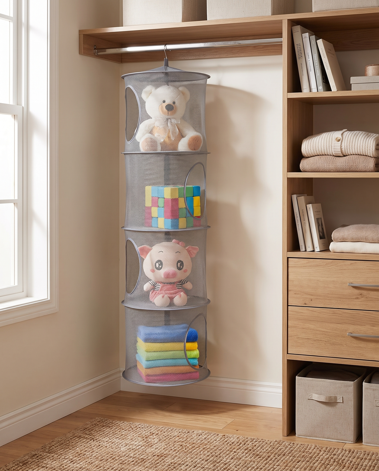 4-Compartment Foldable Hanging Mesh Organizer in a practical small-space lifestyle setting