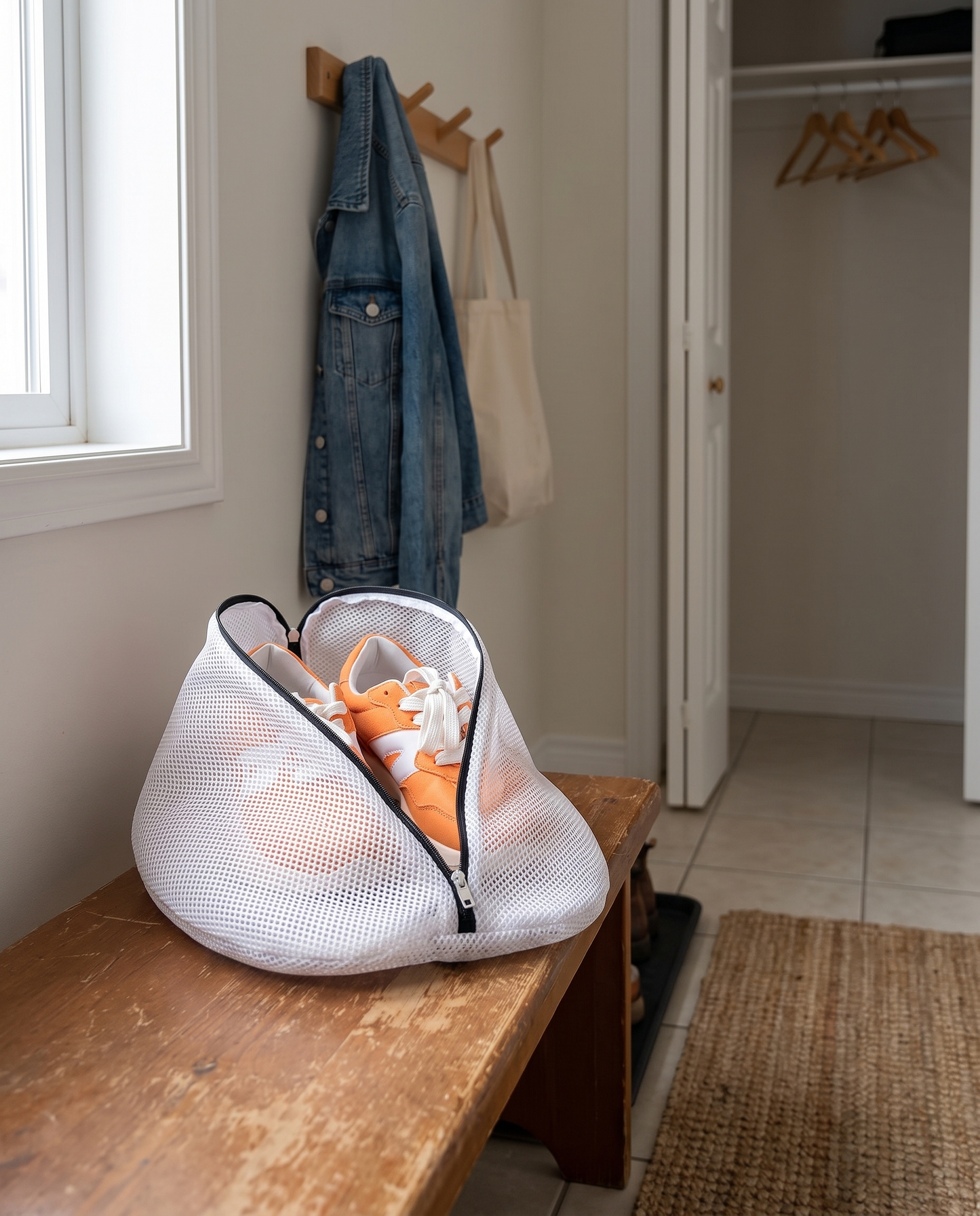Zippered Mesh Shoe Laundry Bag in a practical small-space lifestyle setting