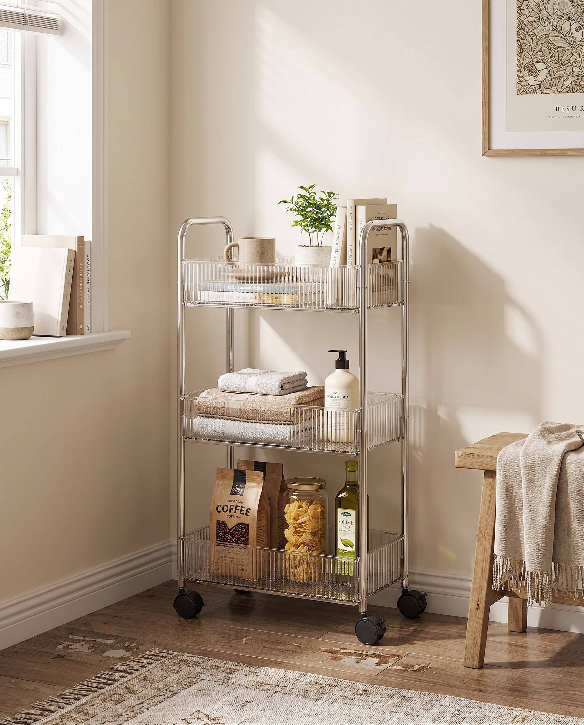 2/3/4-Tier Mobile Rolling Storage Cart in a practical small-space lifestyle setting