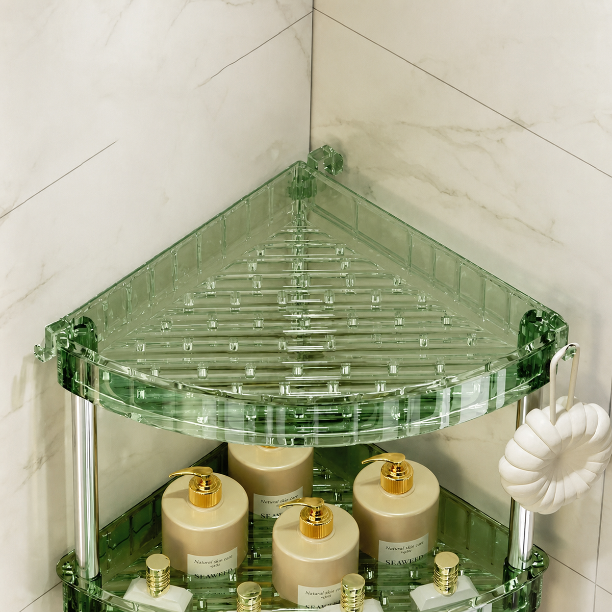 Multi-layer translucent green corner storage rack — generated with ChatGPT