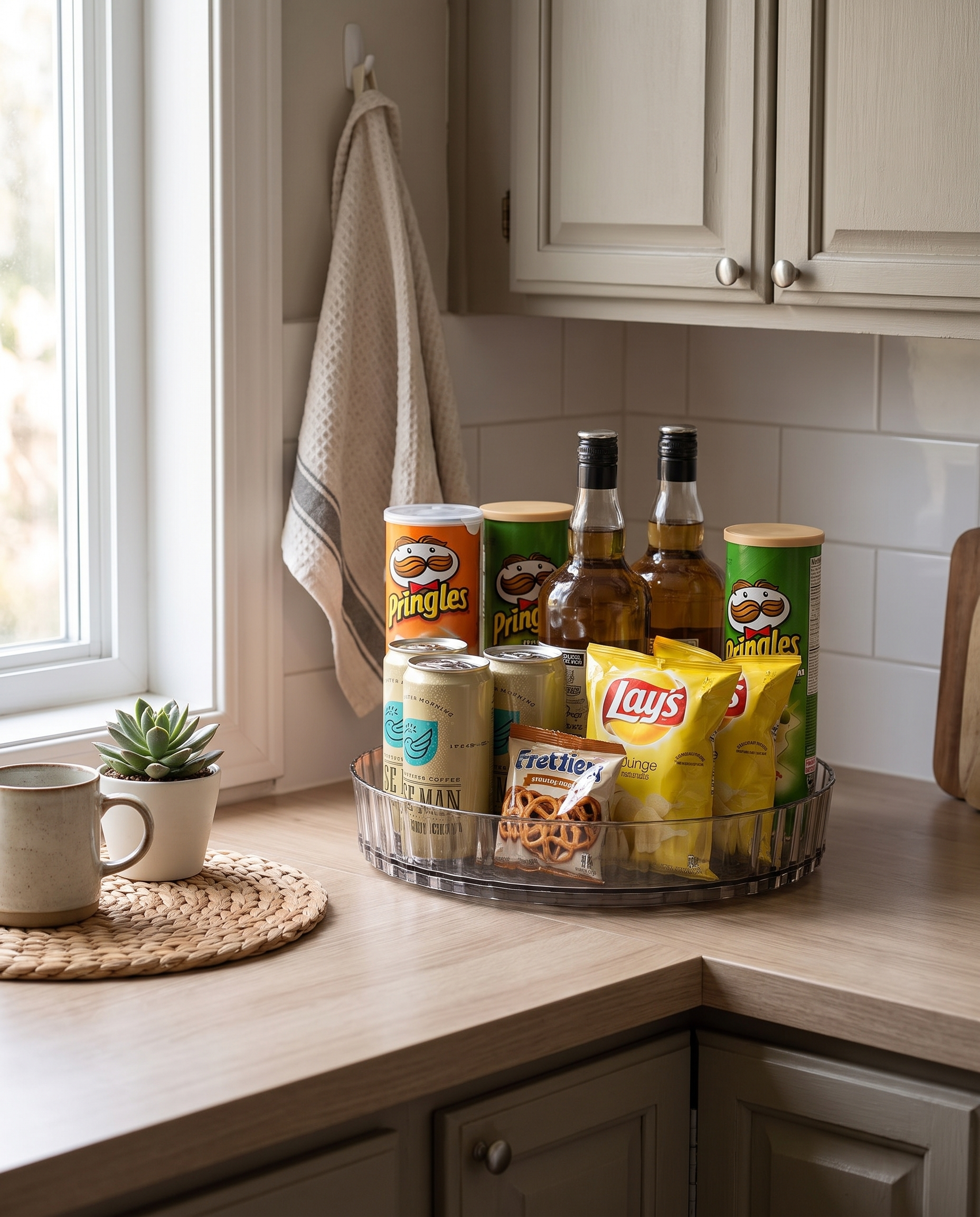Multi-Purpose Rotating Countertop Organizer in a practical small-space lifestyle setting