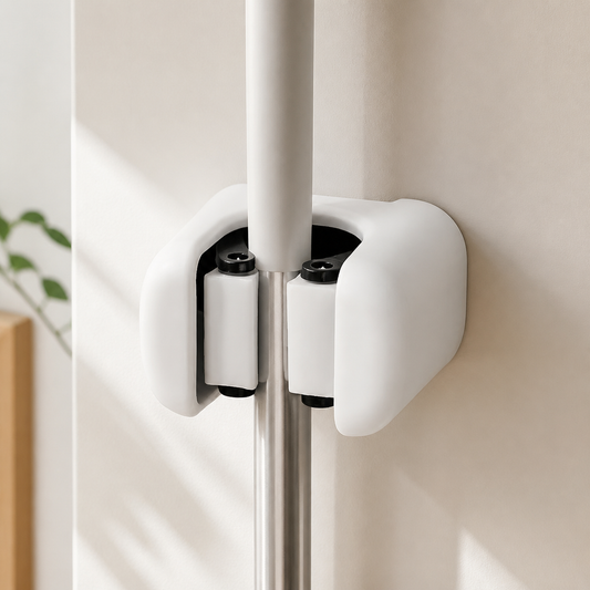 Single white no-drill wall-mounted broom clip gripping a handle