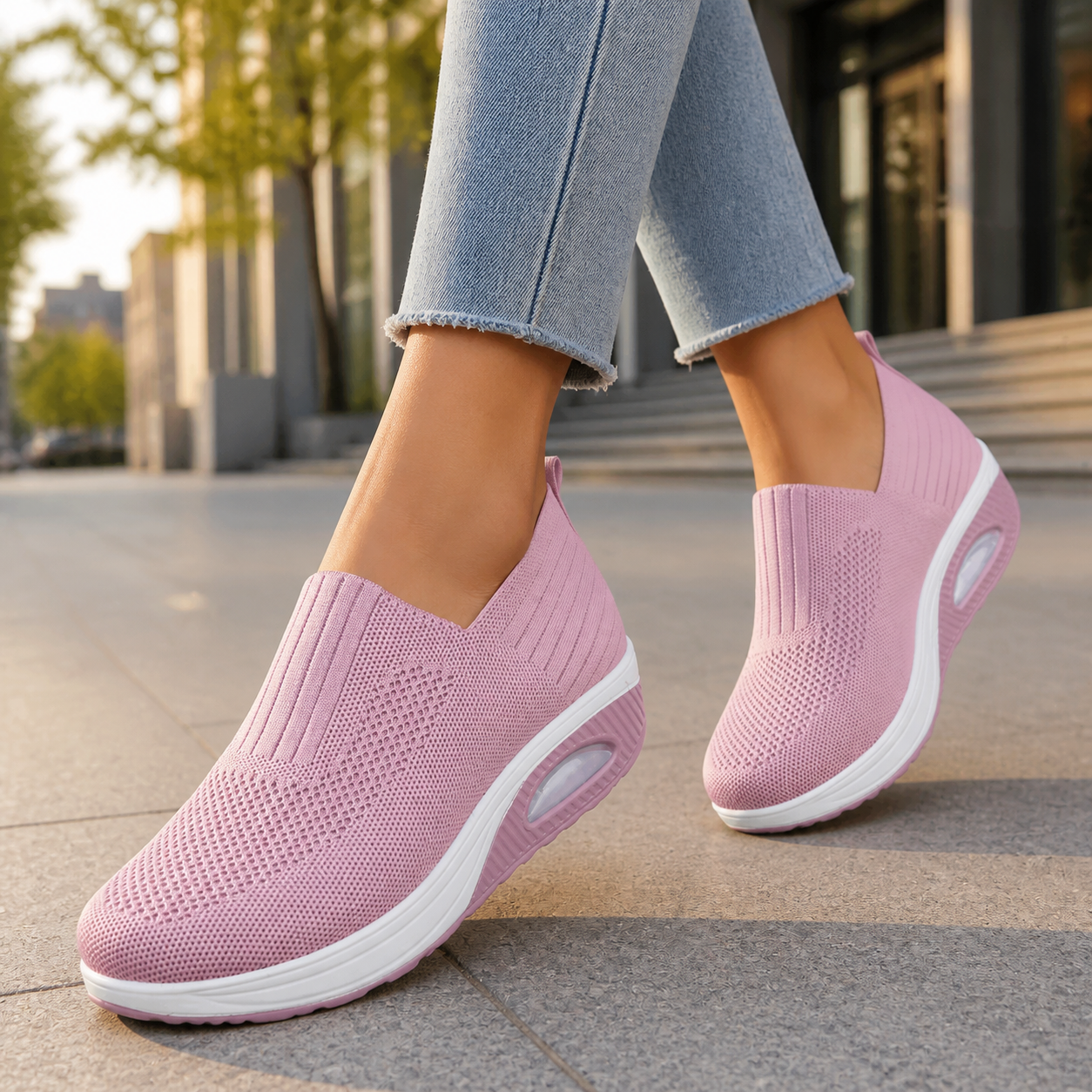 Pink orthopedic walking shoes in an outdoor lifestyle setting