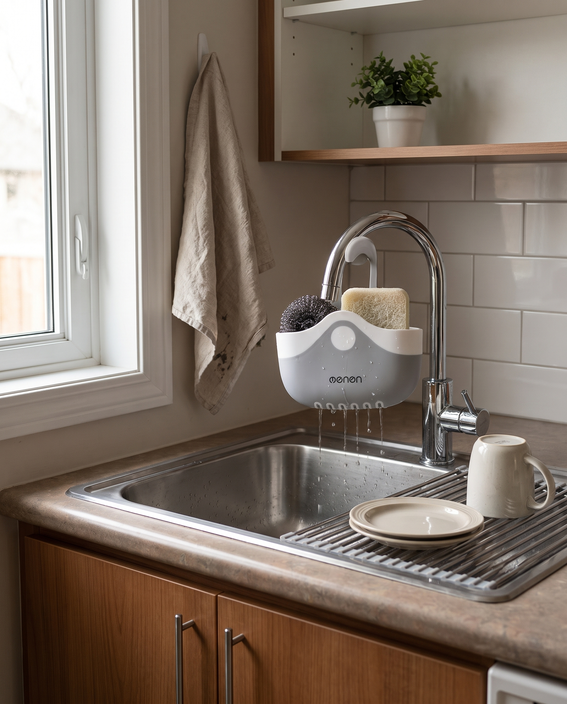 Plastic Sink Caddy with Drainage in a practical small-space lifestyle setting