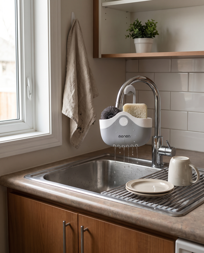 Plastic Sink Caddy with Drainage in a practical small-space lifestyle setting