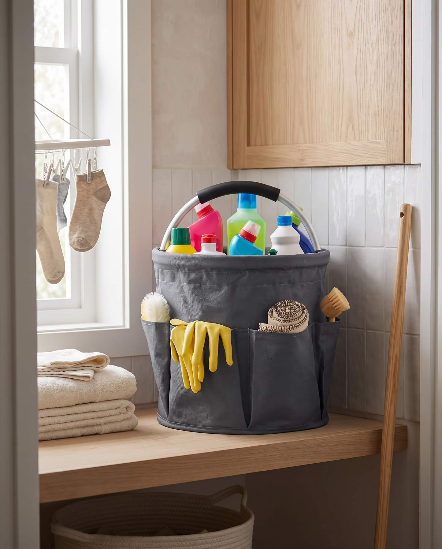 17 L Foldable Portable Cleaning Caddy in a practical small-space lifestyle setting