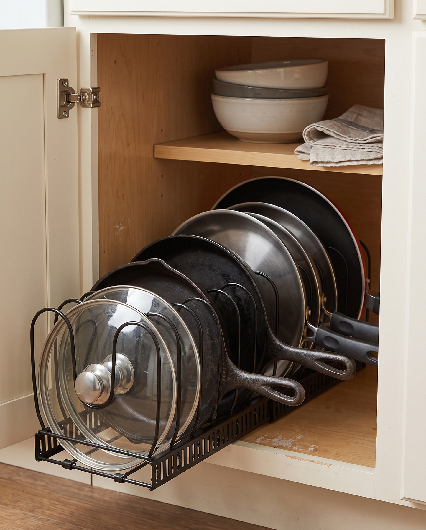 Expandable Pot, Pan & Lid Organizer with 10 Dividers in a practical small-space lifestyle setting