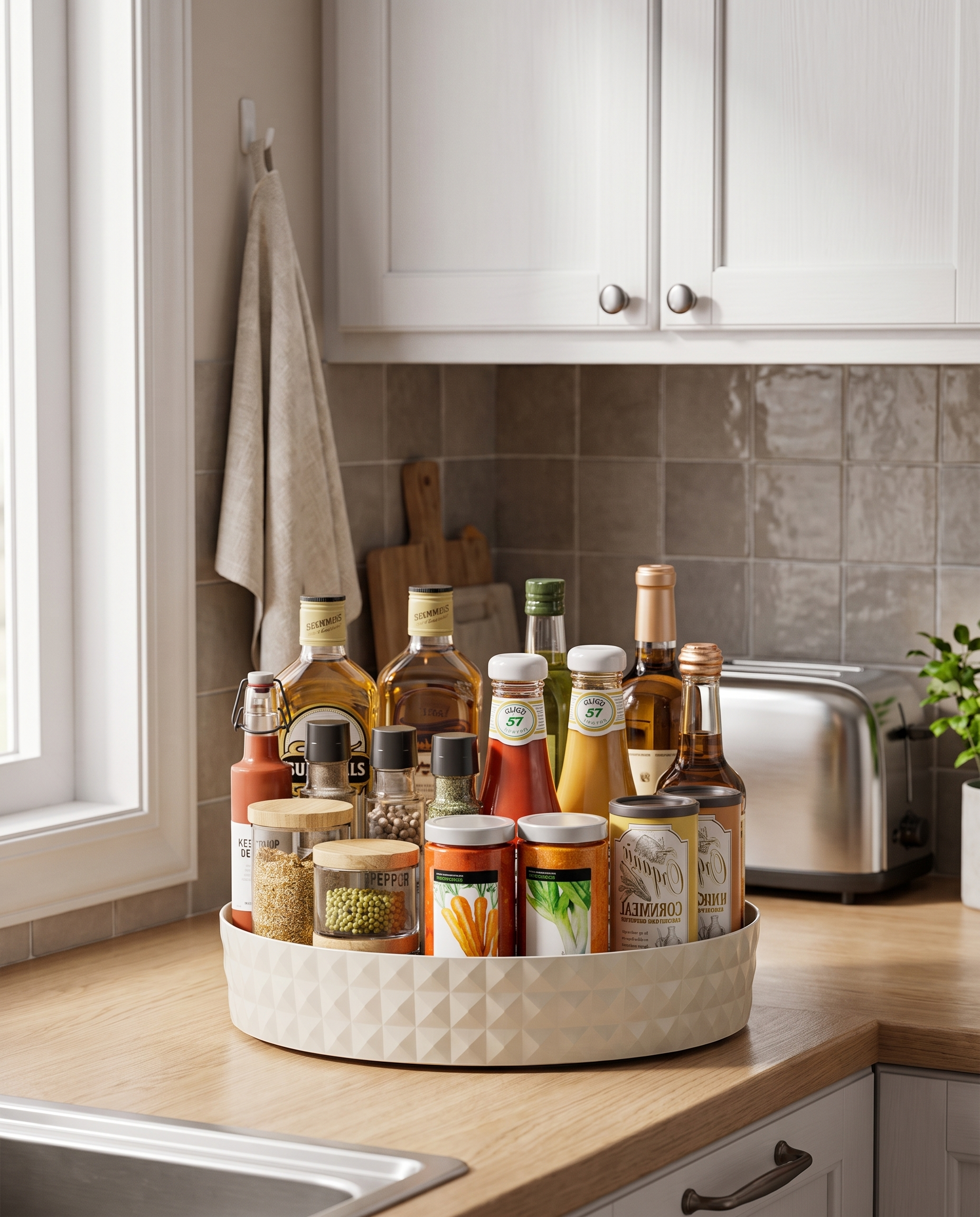 Rotating Spice Organizer for Countertops in a practical small-space lifestyle setting