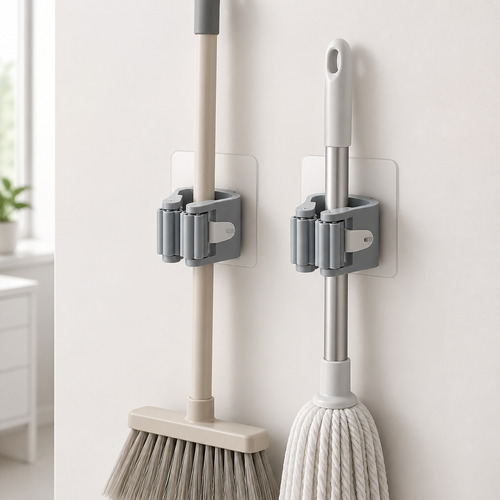 Two grey self-adhesive wall-mounted broom and mop holders in a bright utility room