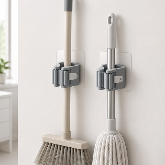 Two grey self-adhesive wall-mounted broom and mop holders in a bright utility room