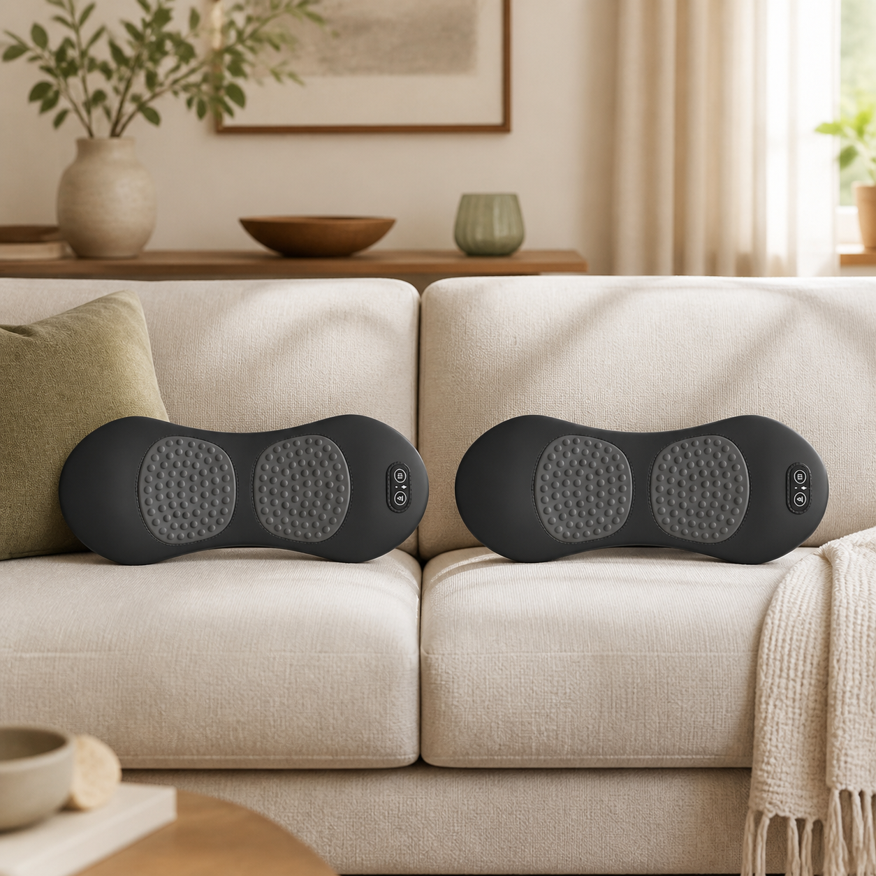 Two Shiatsu back massagers displayed together on a sofa