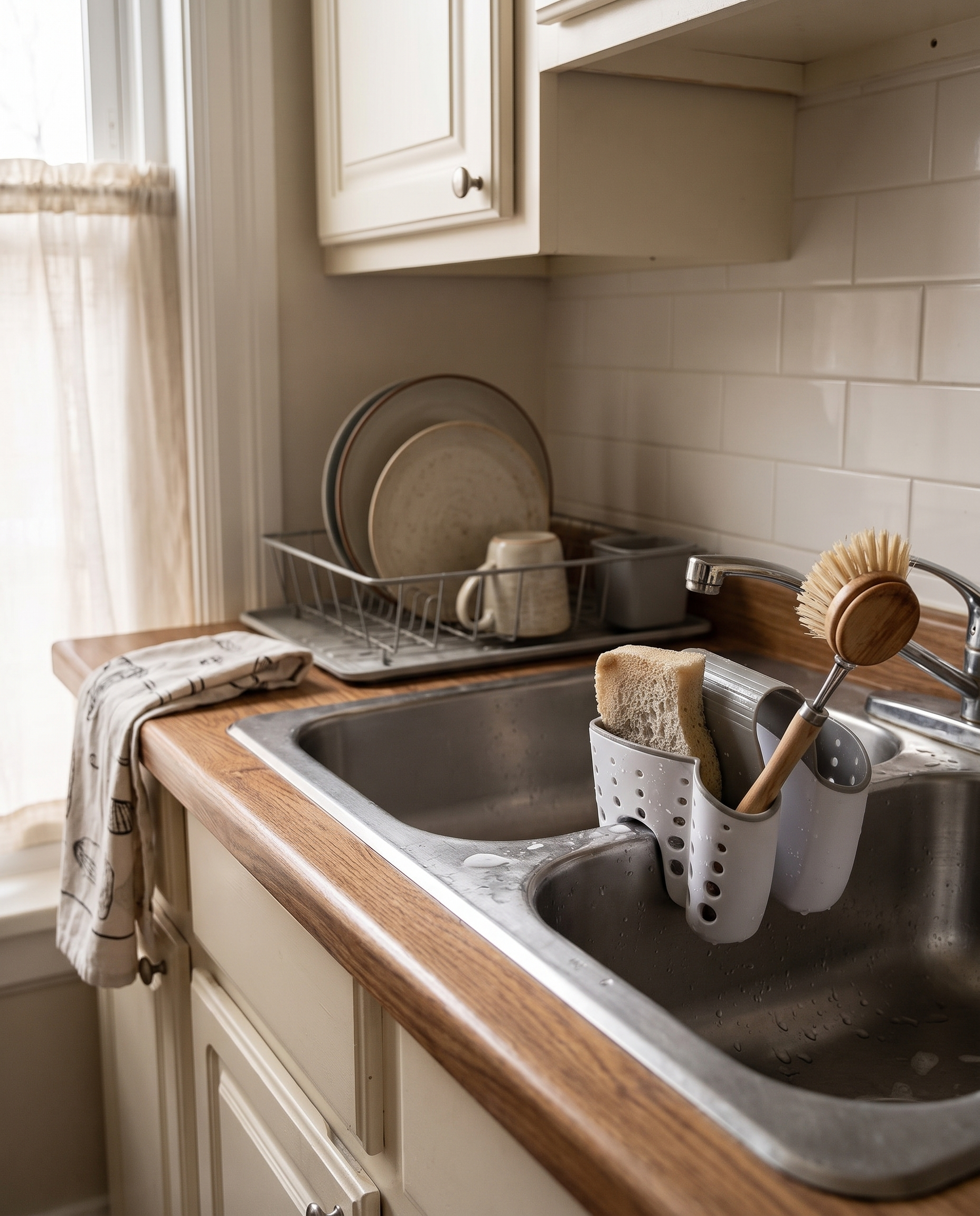 Plastic Saddle Sink Caddy for Brushes & Sponges in a practical small-space lifestyle setting