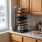 8-Tier Metal Pot, Pan & Lid Organizer in a practical small-space lifestyle setting