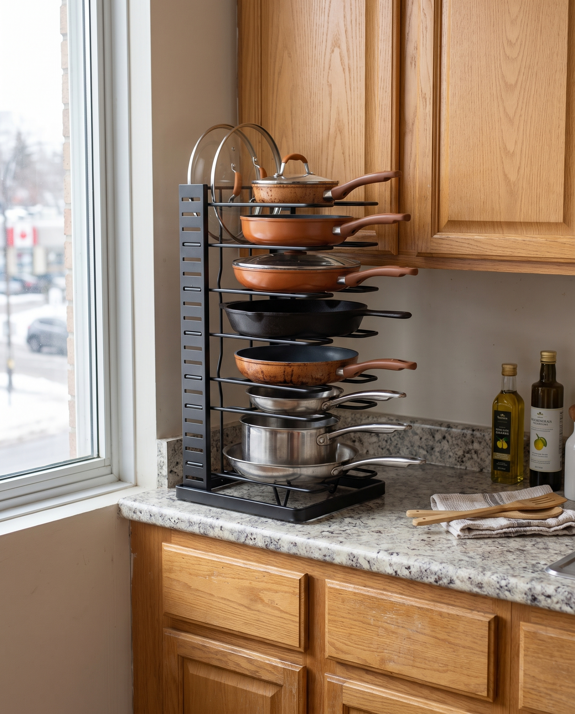 8-Tier Metal Pot, Pan & Lid Organizer in a practical small-space lifestyle setting