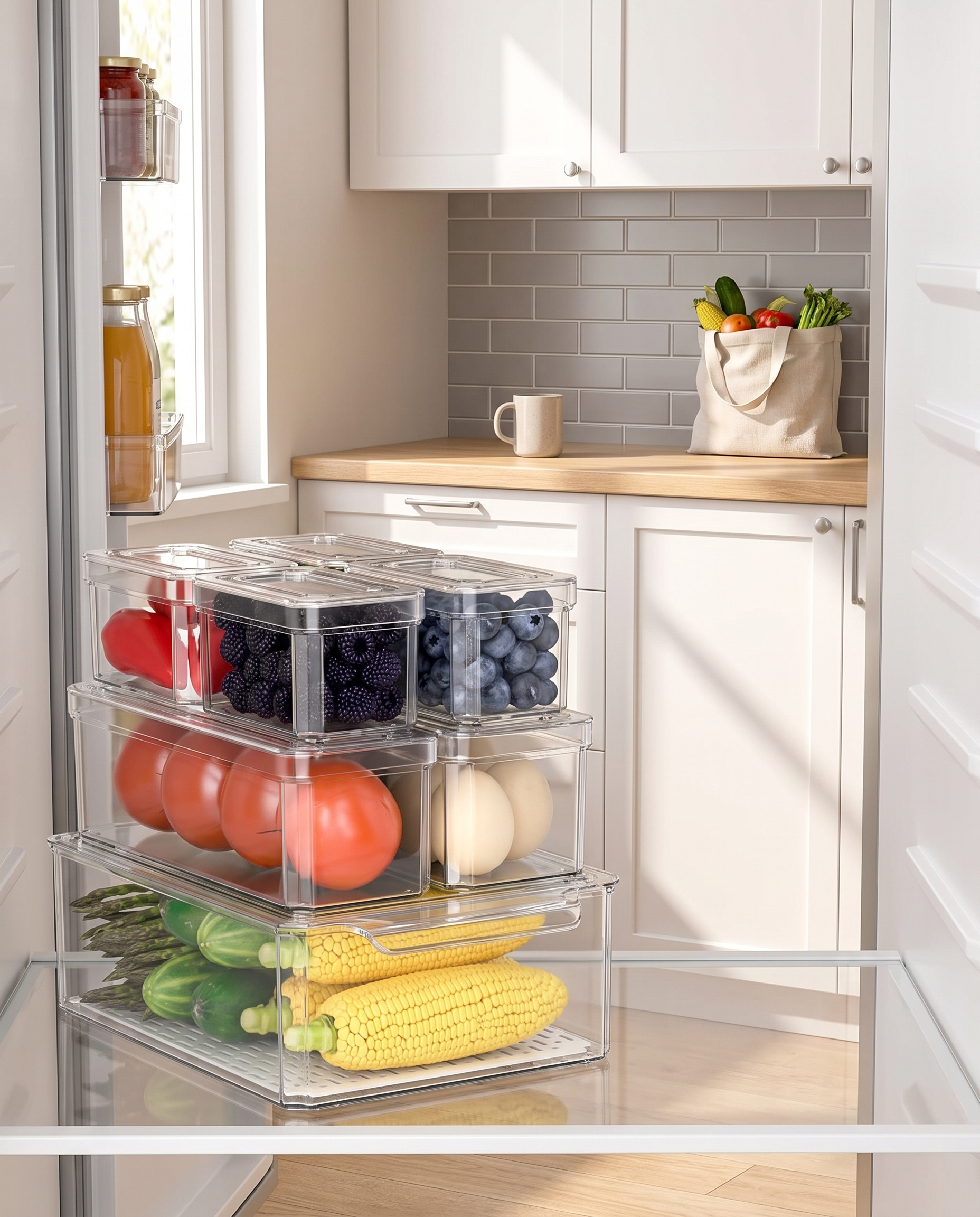 Stackable Clear Refrigerator Storage Bin with Handle in an everyday small-space setting