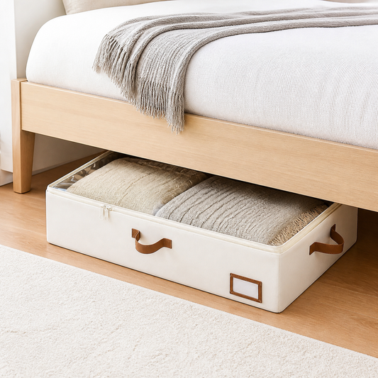One cream under-bed blanket organizer with clear top window and brown handles